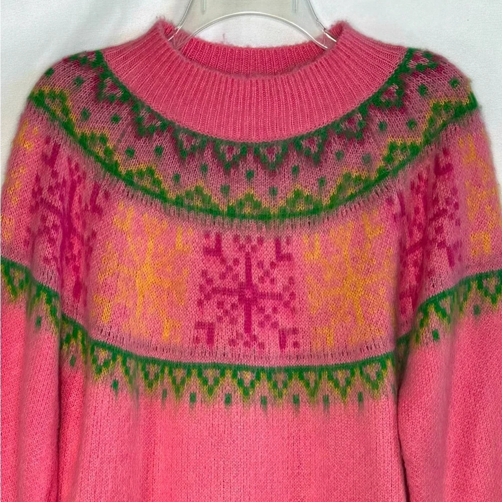 Cotton On Crew Neck Sweater Fair Isle Print Pink Green Boho Barbie Coquette Sz L - Picture 6 of 7
